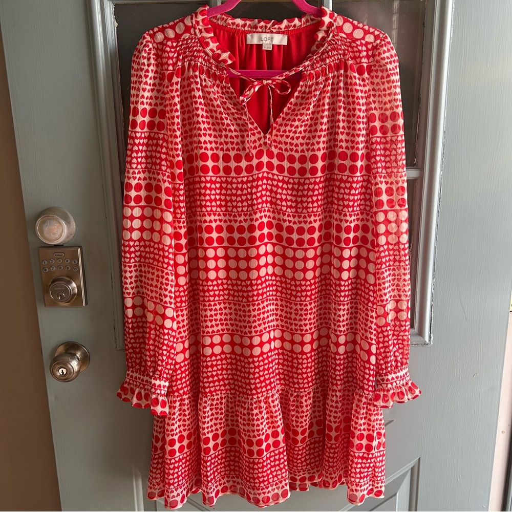 Loft Heart Valentines Day Long Sleeve Tie Neck Ruffle Cuff Polka Dot Red White M